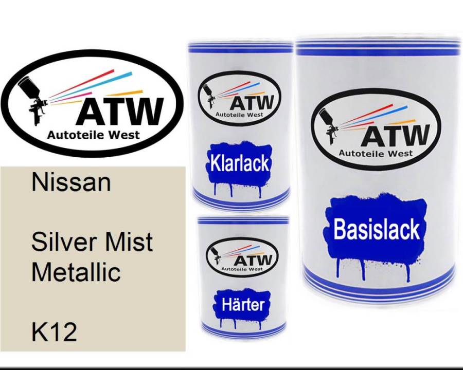 Nissan, Silver Mist Metallic, K12: 500ml Lackdose + 500ml Klarlack + 250ml Härter - Set, von ATW Autoteile West.